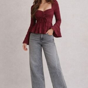 Wine Red Ruched Peplum Kurti Top